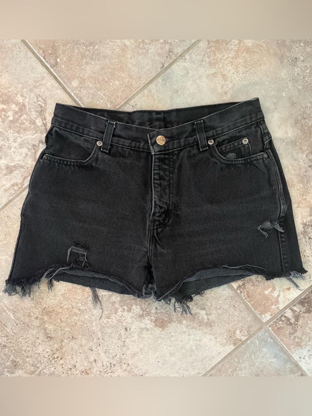 Vintage Harley Davidson Distressed Frayed Black Cut Off Shorts 6 Biker Logo Moto
